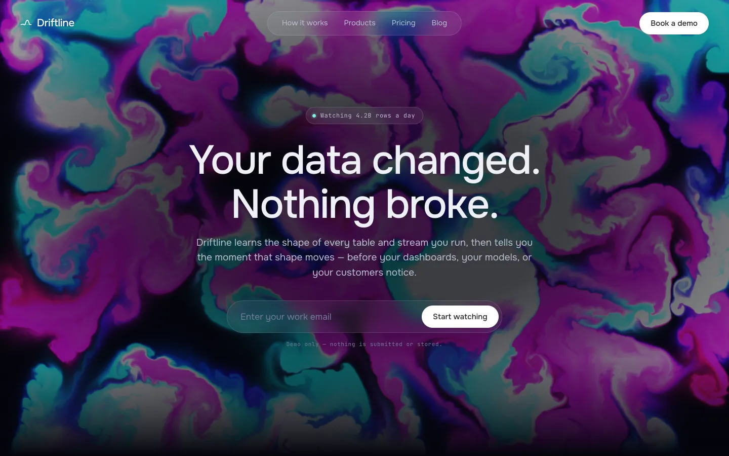 Driftline — the landing page, with the live fluid simulation running behind the headline.